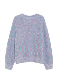 Pull en tricot épais en mélange acrylique doux, présentant une base violette claire avec des éclats multicolores de turquoise et de rose, col rond et manches larges.