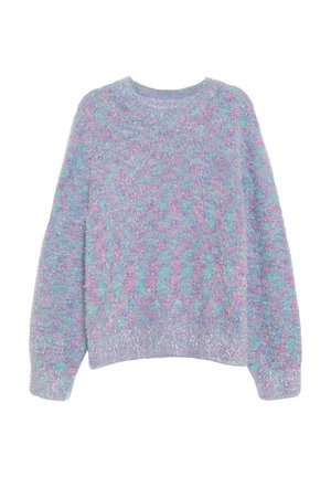 Pull en tricot épais en mélange acrylique doux, présentant une base violette claire avec des éclats multicolores de turquoise et de rose, col rond et manches larges.