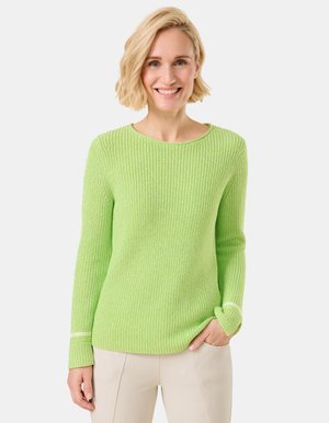 Grüner gestrickter Pullover mit gerippter Textur, langen Ärmeln und Rundhalsausschnitt. Verfügt über weiße Akzente an den Bündchen.