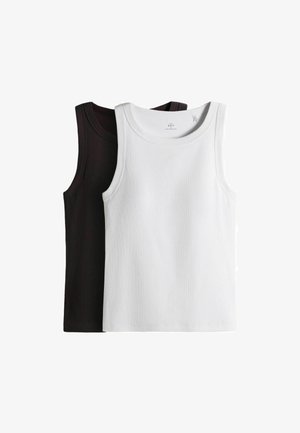Zwei ärmellose, gerippte Tanktops, eines vorne weiß und eines hinten schwarz, auf weißem Hintergrund dargestellt.