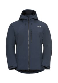 Giacca impermeabile blu navy con cappuccio, chiusura con zip frontale e tasca sul petto. Presenta un tessuto liscio e polsini regolabili per una vestibilità ottimale.
