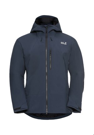 Marineblaue wasserdichte Jacke mit Kapuze, Reißverschluss vorne und Brusttasche. Verfügt über ein glattes Material und verstellbare Manschetten für eine verbesserte Passform.