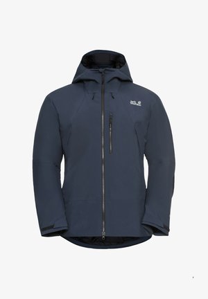 Veste imperméable bleu marine avec capuche, fermeture éclair à l'avant et poche poitrine. Elle a un tissu lisse et des poignets réglables pour un ajustement optimal.