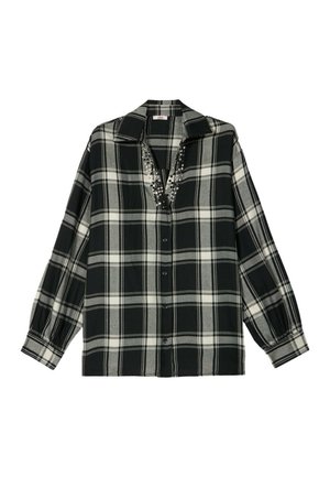 Camicia a quadri bianca e nera con colletto, chiusura frontale a bottoni e scollatura decorata. Maniche lunghe con polsini elasticizzati e una vestibilità comoda.