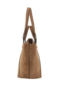 Tote-Bag aus hellbraunem Wildleder mit doppelten Schulterriemen und vertikalen Nahtdetails, seitlich vor einem weißen Hintergrund abgebildet.