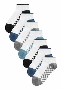 Set med sex ankelsockar i vitt med mönstrade detaljer. Funkar i svart, grått och blått med olika rutmönster på tårna.