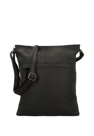 Zwarte leren crossbodytas met verstelbare riem en voorvak met rits, rechthoekige vorm met zichtbare stiksel details.