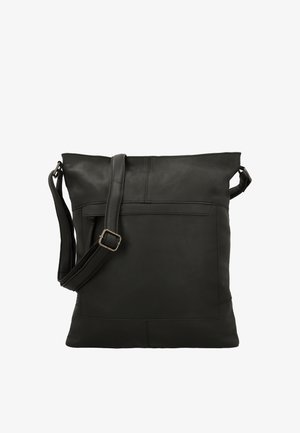 Sort læder crossbody-taske med justerbar rem og forreste lynlåslomme, rektangulær form med synlige syningsdetaljer.