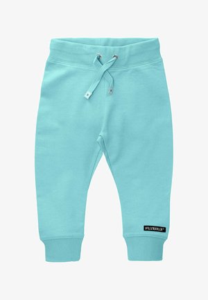 Pantalons de jogging en coton bleu clair avec taille élastique, cordon de serrage réglable, chevilles resserrées et étiquette de marque noire sur la jambe inférieure.