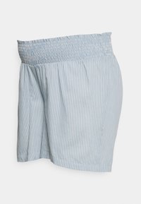 Ljust blå shorts med vita vertikala ränder och ett brett, elastiskt smockat midjeband, visade från sidan mot en vit bakgrund.