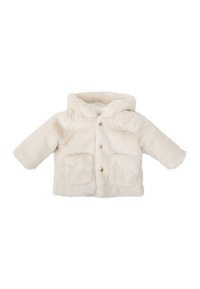 Chaqueta de piel de piel sintética de color beige claro con capucha, dos bolsillos frontales y cierre de botón. Textura suave y corte holgado con mangas largas.