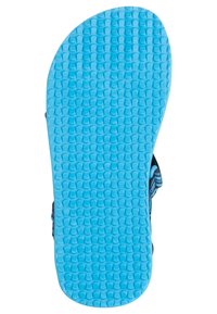 Gummisandalso med ett strukturerat blått mönster och rundad form; inkluderar fäste för rem, utformat för grepp och dragkraft.