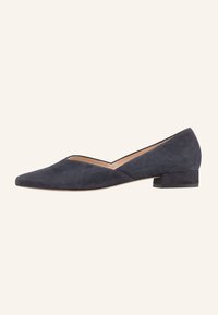 Dark blue suede flats with a pointed toe, V-shaped cut-out at the front, and a low block heel. Smooth texture with no visible patterns.