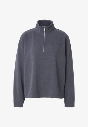 Pullover in pile grigio scuro a coste con maniche lunghe, collo alto e mezza cerniera frontale argento.