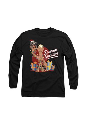Langärmliges schwarzes T-Shirt mit Cartoonfiguren, Weihnachtslichtern und dem Text "Season's Greetings" vor einem roten Kreis, umgeben von Geschenkboxen.