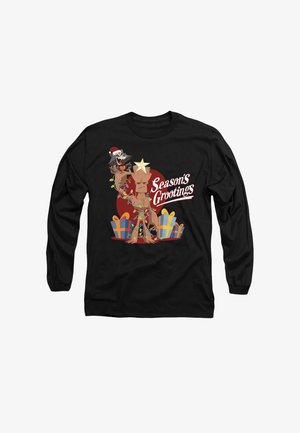 Langärmliges schwarzes T-Shirt mit Cartoonfiguren, Weihnachtslichtern und dem Text "Season's Greetings" vor einem roten Kreis, umgeben von Geschenkboxen.