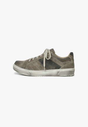 Gray suede sneaker with a textured finish, featuring a rounded toe, light gray laces, and a white rubber sole with traction patterns.