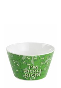 Ciotola in ceramica con un vivace esterno verde, decorata con ripetuti disegni di cetriolini in stile cartoon e la scritta "SONO PICKLE RICK!" in grassetto bianco.