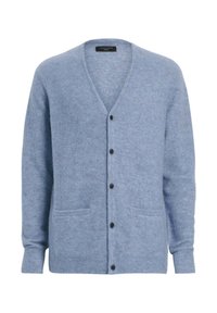 Cardigan azzurro chiaro realizzato in materiale morbido, con scollo a V, maniche lunghe, tasche frontali e bottoni neri lungo il centro.