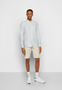 Camicia a maniche lunghe a righe in azzurro chiaro e bianco, abbinata a pantaloni corti beige. Sneakers bianche e calzini a crew completano l'outfit.
