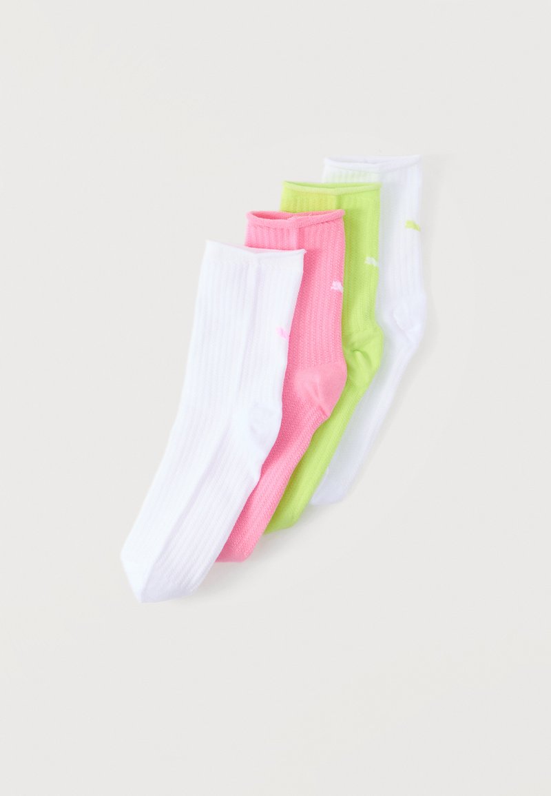 Τέσσερα ζευγάρια ριμπ κάλτσες μέσης σε λευκό, ροζ, πράσινο και λευκό χρώμα, τοποθετημένα επικαλυπτόμενα σε φωτεινό φόντο.