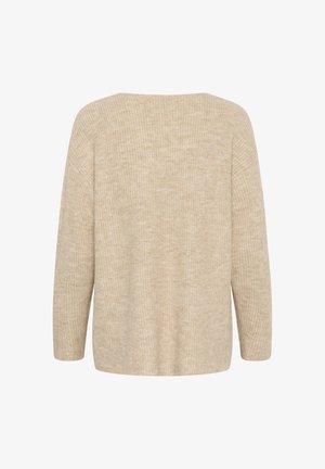 Beige neulepusero rentoa mitoitusta, leveällä kaula-aukolla ja pitkillä hihoilla. Rakeinen pinta, jossa on hienovarainen kuvio koko ajan.