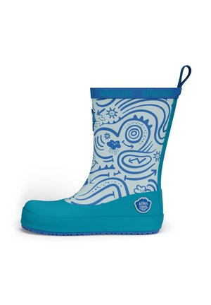 Botas de lluvia para niños en turquesa y azul claro con patrones abstractos ondulados e ilustraciones de sol, flechas y nubes, lengüeta para tirar y logotipos de la marca.