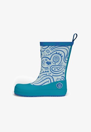 Turquoise en lichtblauwe regenlaars voor kinderen met golvende abstracte patronen en illustraties van zon, pijlen en wolken, met trekflap en merkemblemen.