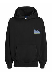 Felpa nera con cappuccio in tessuto morbido, dotata di tasca frontale, cappuccio con cordini e un logo grafico sul petto in blu e verde.