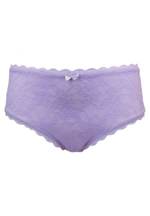 Lilac lace panties with scalloped edges, floral pattern, and a small bow detail at the front, made from soft, stretchable fabric.