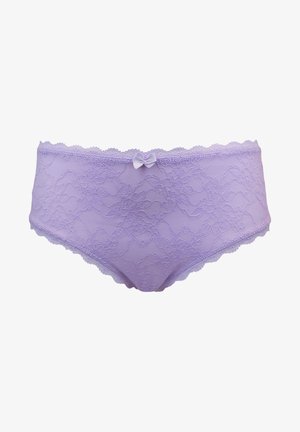 Fliederfarbene Spitzenpanties mit gewelltem Rand, floralem Muster und einem kleinen Schleifendetail vorne, aus weichem, dehnbarem Stoff.