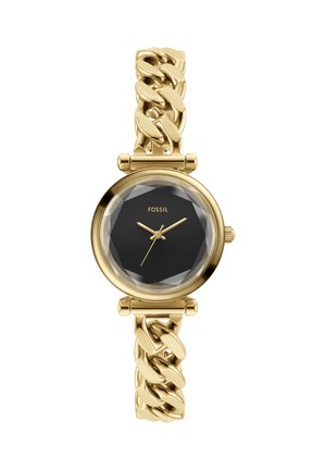 Montre-bracelet chaîne en or avec cadran rond noir facetté, aiguilles dorées et marquage "FOSSIL" sur le cadran.