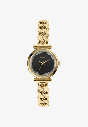 Montre-bracelet chaîne en or avec cadran rond noir facetté, aiguilles dorées et marquage "FOSSIL" sur le cadran.