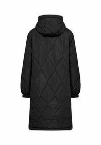 Svart vadderad pufferjacka med huva, långa ärmar med elastiska manschetter och knälång design med diamantmönster på ytan.