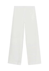 Pantalones de pierna ancha blancos, confeccionados con una tela ligera. Presentan una textura suave y un diseño de cintura alta, sin hardware o patrones visibles.