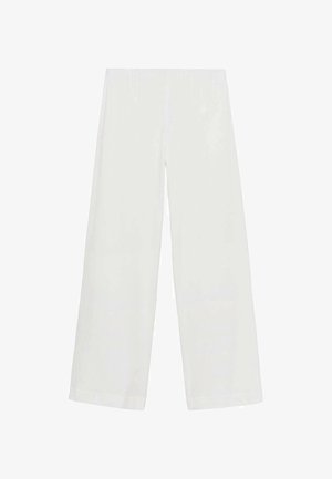 Bijele hlače širokog kroja izrađene od lagane tkanine. Imaju glatku teksturu i visok struk, bez vidljivih metalnih dijelova ili uzoraka.