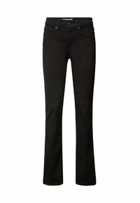Jeans de mezclilla negra con un diseño de pierna recta, estilo de cinco bolsillos, cierre de botón y detalles de costura resistente. Textura suave y lisa.