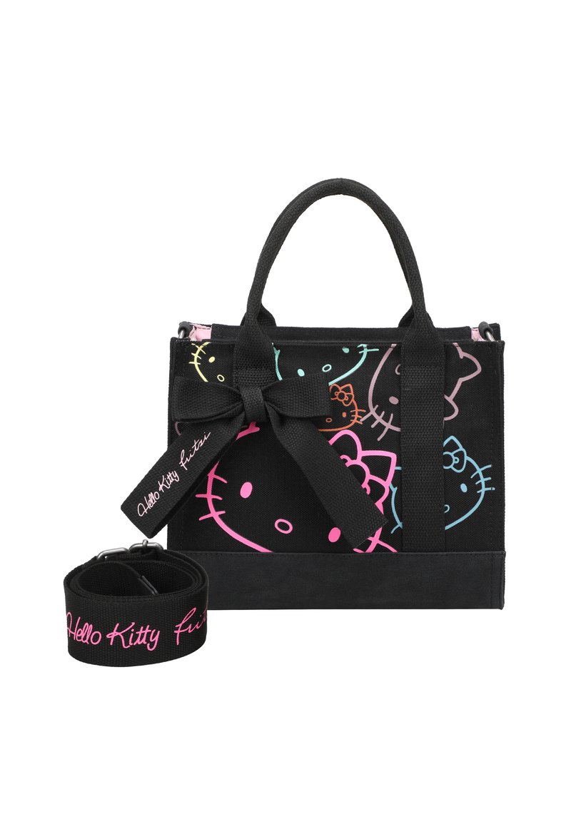 Borsa a spalla nera con volti colorati di Hello Kitty, materiale in tessuto, dettaglio con fiocco in stile collare e tracolla staccabile con il testo "Hello Kitty".