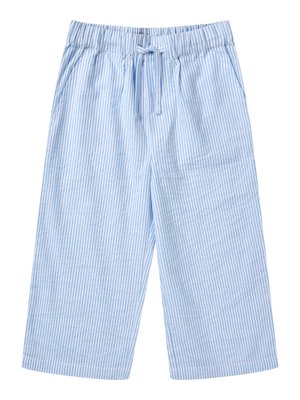Hellblaue und weiße, vertikal gestreifte, lockere Hose mit elastischem Bund und Kordelzug.