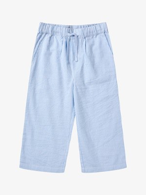 Φαρδιά παντελόνια με κάθετες ρίγες σε ανοιχτό γαλάζιο και άσπρο, με ελαστική μέση και κορδόνι.