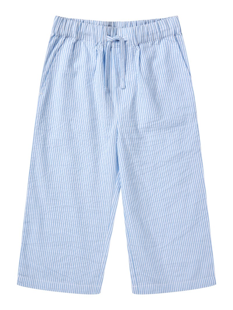Φαρδιά παντελόνια με κάθετες ρίγες σε ανοιχτό γαλάζιο και άσπρο, με ελαστική μέση και κορδόνι.