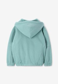 Hoodie vert menthe avec capuche à cordon, taille élastique et coutures latérales. Texture de tissu douce avec des poignets et un ourlet côtelés.