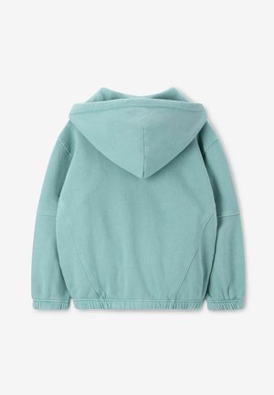 Mintgroene hoodie met een trekkoordkap, elastische taille en zijnaad. Zachte stofstructuur met ribbanden aan de mouwen en onderkant.