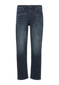 Jeans en denim bleu foncé avec un design à jambe droite, un léger délavage, cinq poches et une fermeture à bouton à la taille.