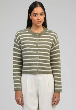 Femme aux longs cheveux foncés portant un cardigan boutonné à rayures vertes et blanches et un pantalon de couleur claire, debout devant un fond gris uni.