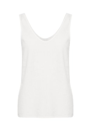 Camiseta sin mangas blanca con escote redondo, hecha de tela ligera, mostrada sobre un fondo liso.