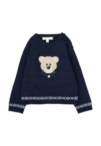 Granatowy dzianinowy sweter z kremowym wzorem twarzy misia na środku, białymi wzorami przy krawędzi i guzikami na jednym ramieniu.