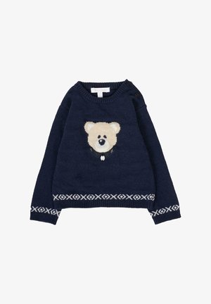 Maglione in maglia blu navy con design centrale di un volto di orso crema, rifinito con accenti a motivo bianco all'orlo e dettagli con bottoni su una spalla.