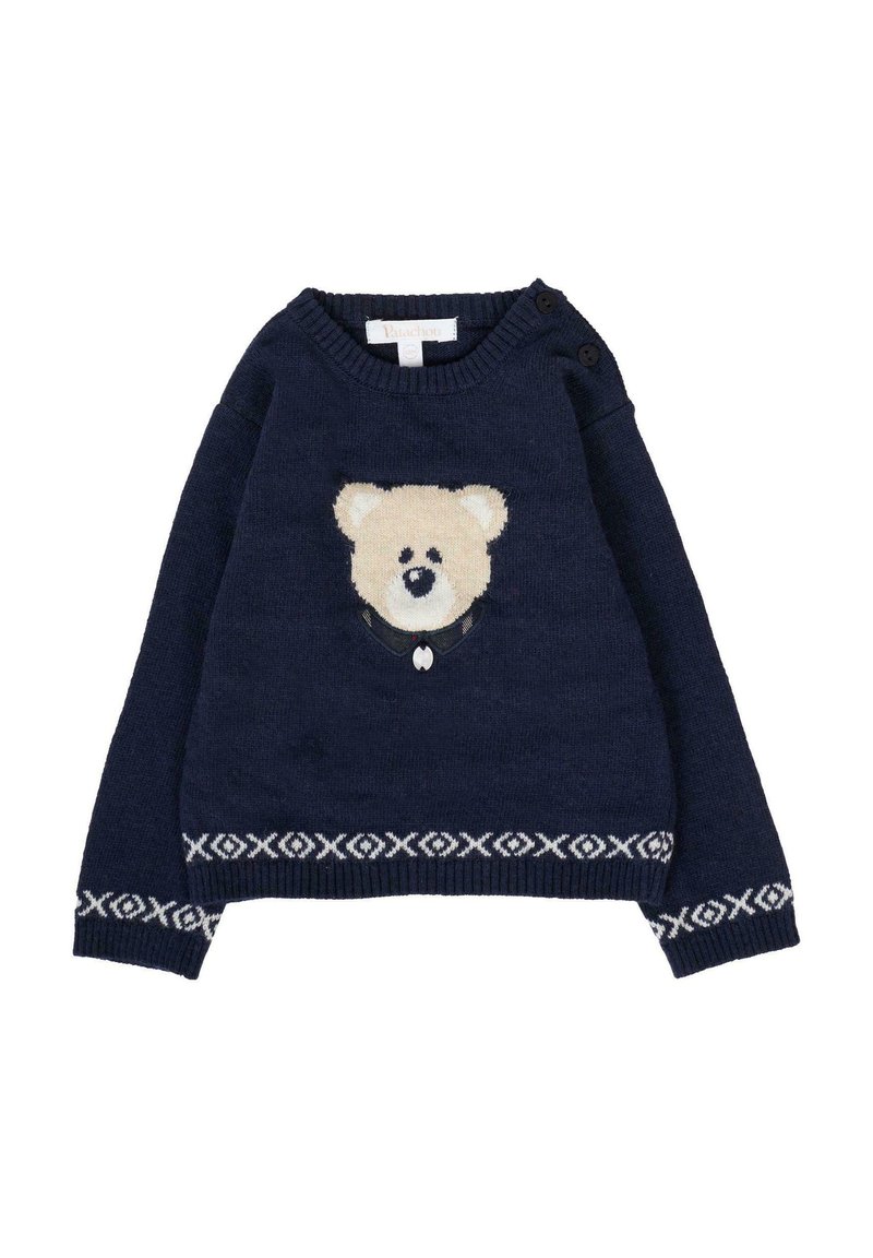 Granatowy dzianinowy sweter z kremowym wzorem twarzy misia na środku, białymi wzorami przy krawędzi i guzikami na jednym ramieniu.