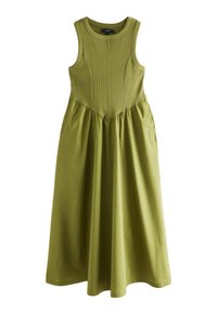 Abito senza maniche verde oliva con un busto a coste, gonna arricciata e scollatura rotonda; realizzato in tessuto morbido e leggero.